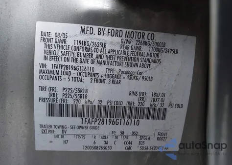 2006 Ford Five Hundred Limited from USA, damaged, VIN 1FAFP28196G116110